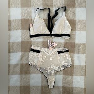 Victoria's Secret Lace Bra and Panty Set in Cream and Black with velvet accents